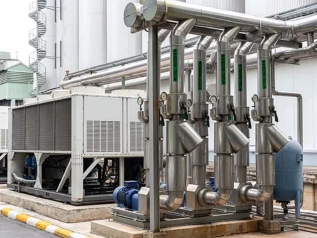 Chilled-water pipe insulation in an HVAC plant room