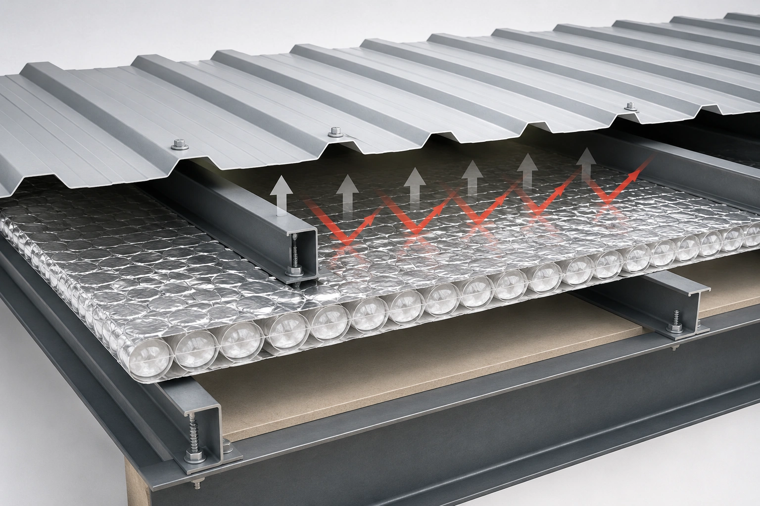 Diagram showing how air bubble insulation reflects heat away from a metal roof