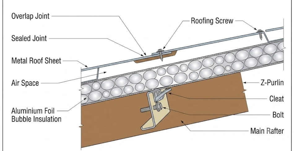 Air bubble insulation installation below a new metal roof