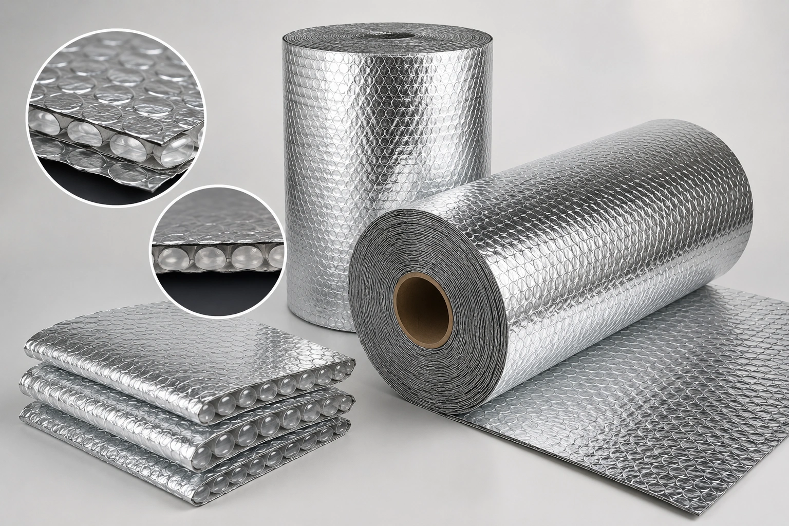 MaruCool aluminium foil air bubble insulation roll showing reflective surface and bubble-layer cross-section