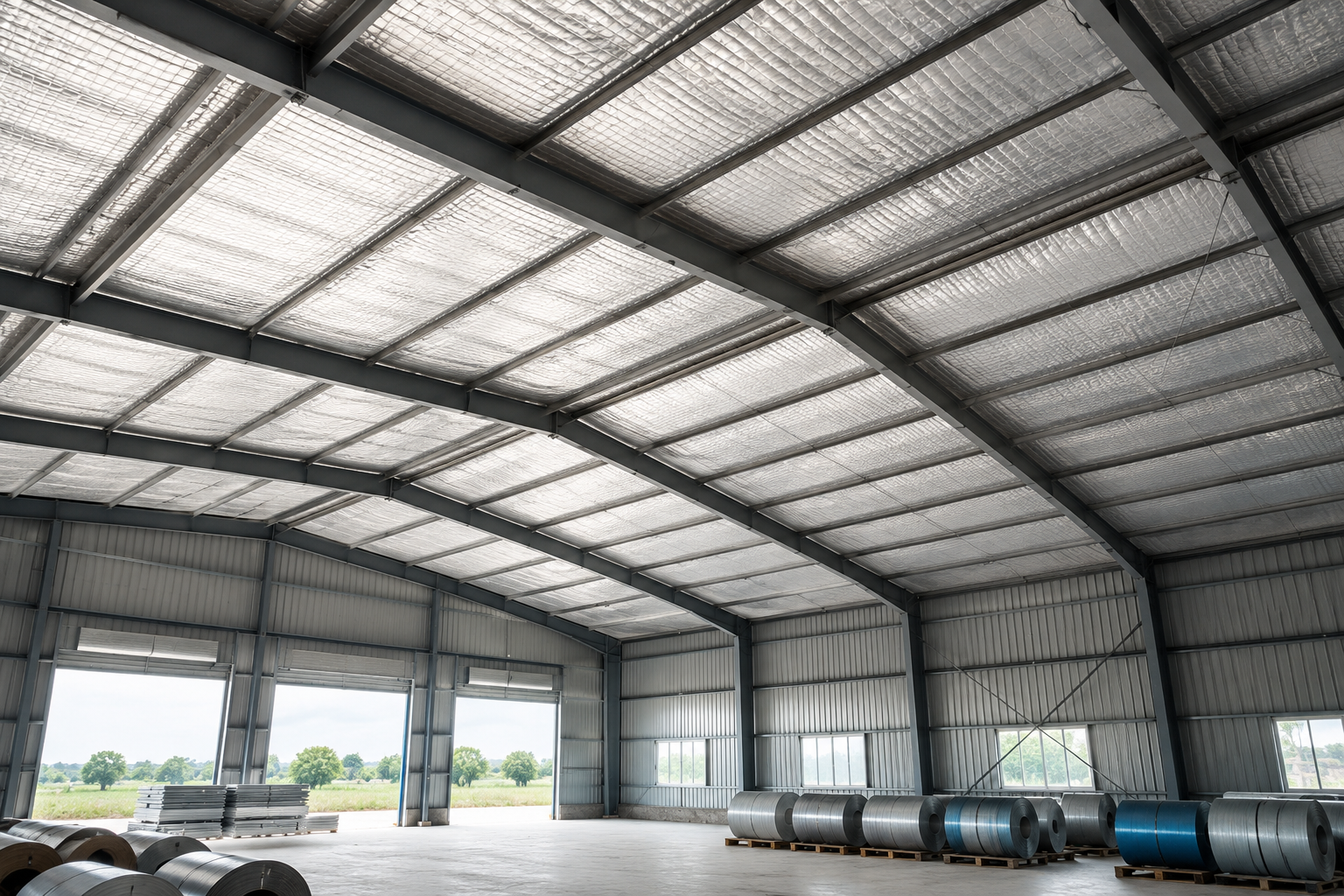 Reflective insulation installed beneath an industrial PEB metal roof